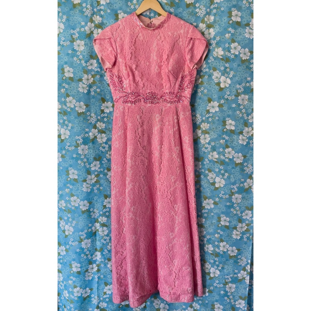 60s Vintage Lace Tulip Sleeve Empire Formal Maxi Dress